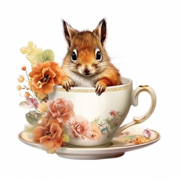 There is a squirrel sitting in a teacup with flowers on it generative ai