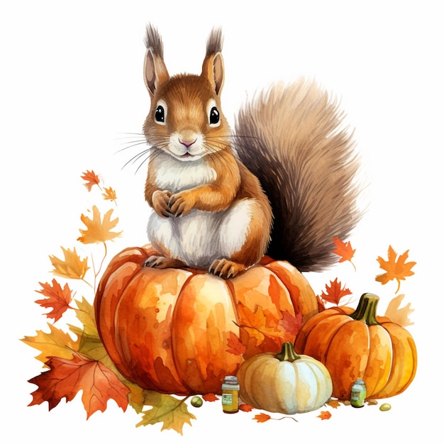 There is a squirrel sitting on top of a pumpkin surrounded by leaves generative ai