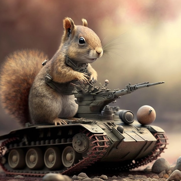 There is a squirrel sitting on top of a tank with a machine gun generative ai