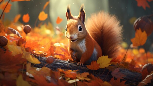 there is a squirrel sitting on a tree branch in the leaves generative ai