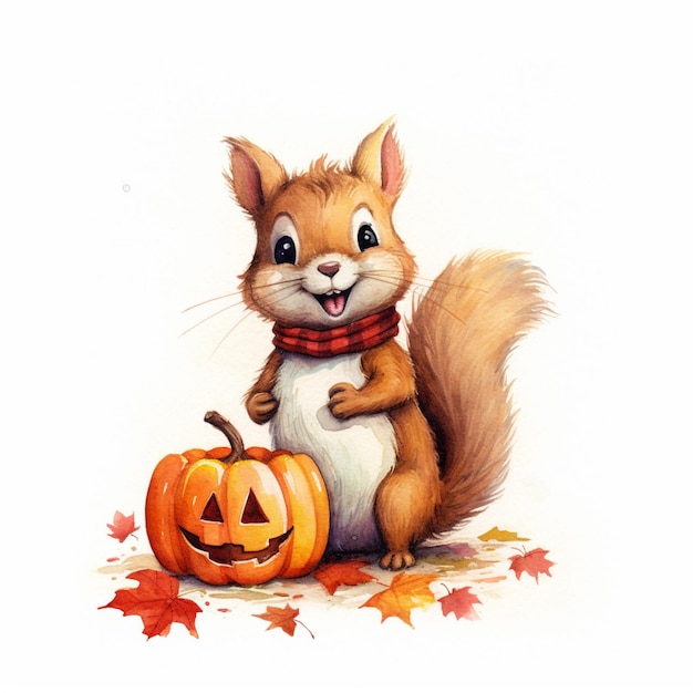 There is a squirrel that is sitting next to a pumpkin generative ai