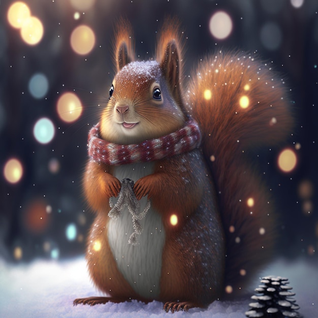 there is a squirrel that is wearing a scarf and a pine cone generative ai