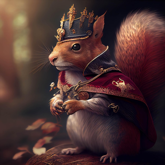 There is a squirrel wearing a crown and holding a nut generative ai