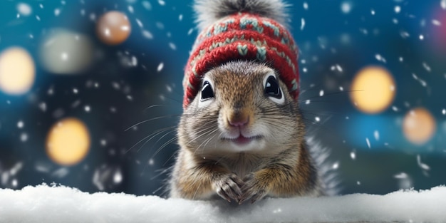 there is a squirrel wearing a hat on a snowy day generative ai