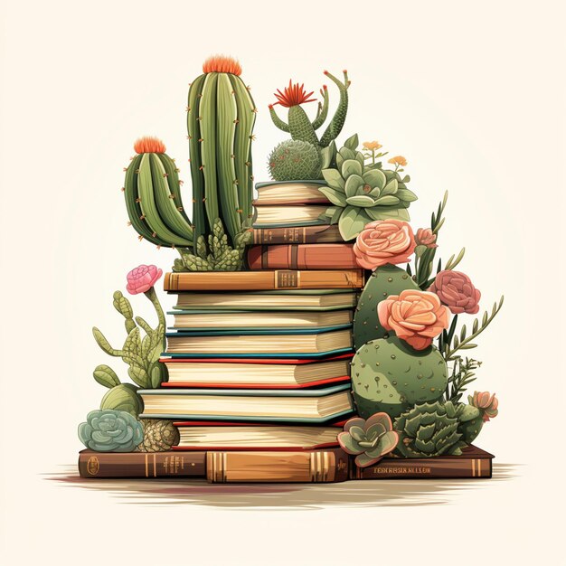 there is a stack of books with cactus plants and flowers on top generative ai