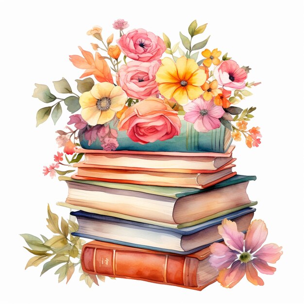 there is a stack of books with flowers on top of them generative ai