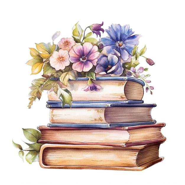 there is a stack of books with flowers on top of them generative ai
