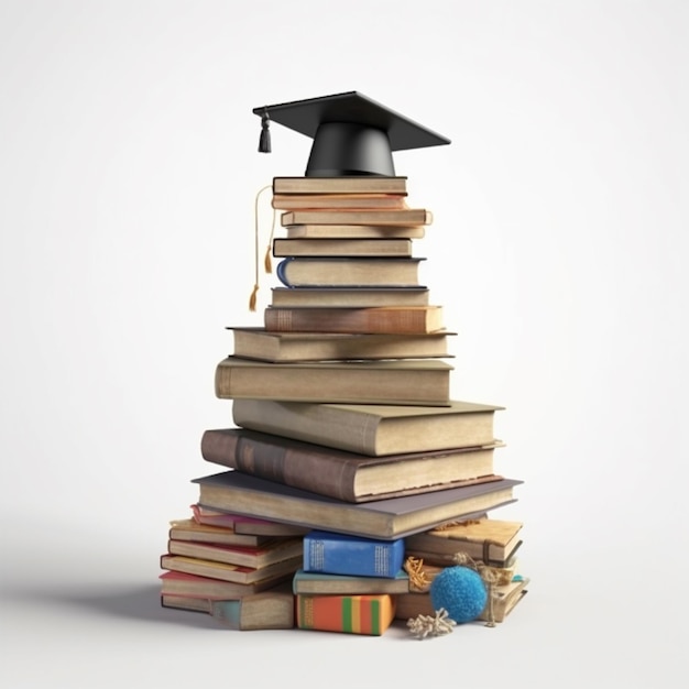 There is a stack of books with a graduation cap on top generative ai