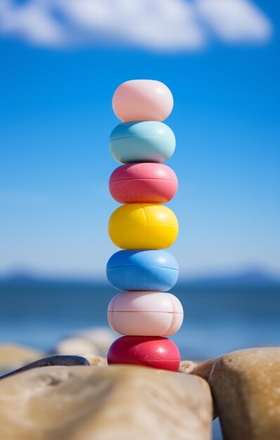 Foto c'è una pila di ciambelle colorate su una roccia vicino all'oceano.