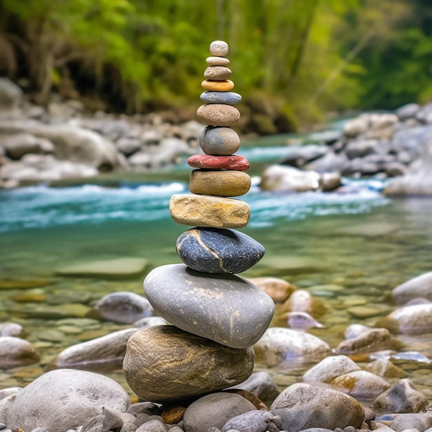 There is a stack of rocks sitting on the rocks by the river generative ai