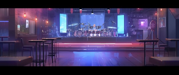 Photo there is a stage with a band on it and a stage with stools generative ai