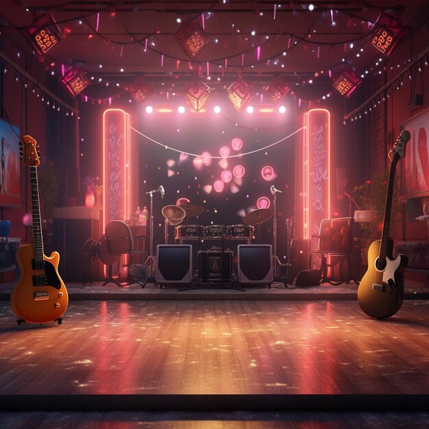 There is a stage with a guitar and a guitar stand generative ai