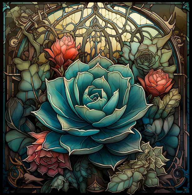 there is a stained glass picture of a rose in a stained glass window generative ai