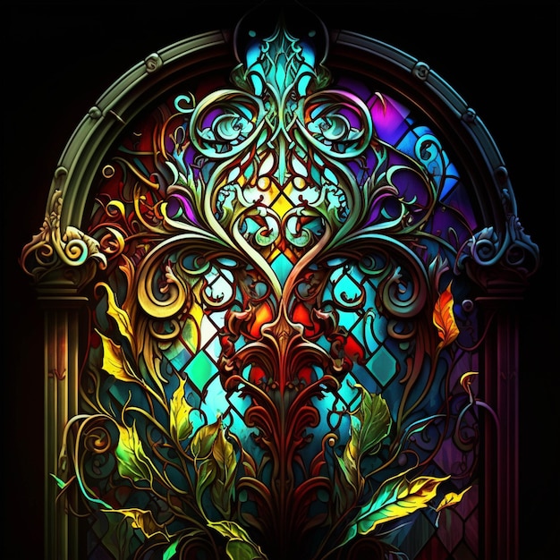 There is a stained glass window with a tree in it generative ai