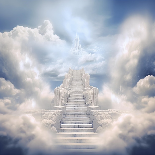 There is a stairway leading to a castle in the clouds generative ai