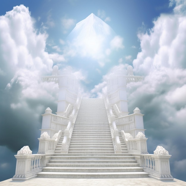 There is a stairway leading up to a white building with a sky background generative ai