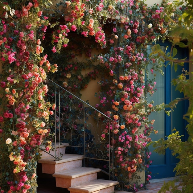 There is a stairway with flowers growing on it and a blue door generative ai
