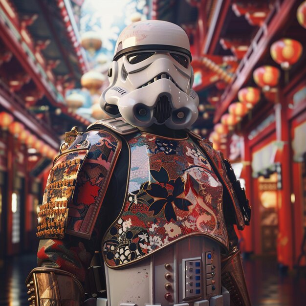 Photo there is a star wars stormtrooper in a building with lanterns generative ai