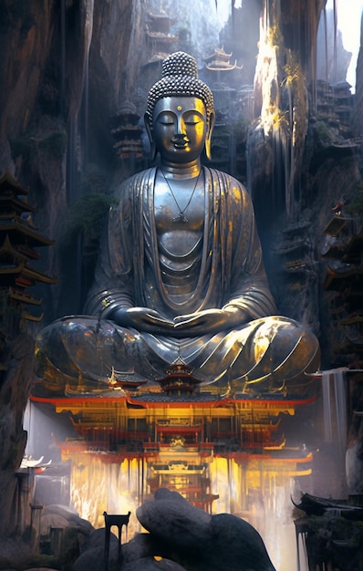 there is a statue of a buddha sitting in a cave generative ai