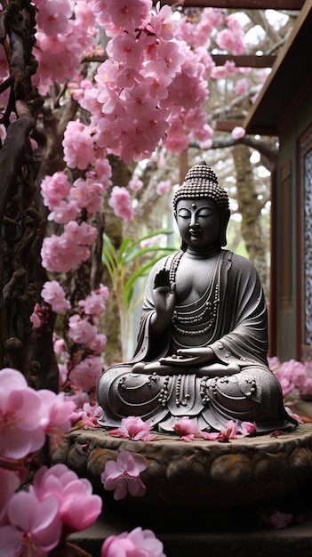 there is a statue of a buddha sitting in a garden generative ai