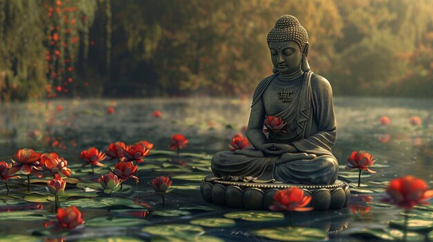 Photo there is a statue of a buddha sitting on a lotus flower generative ai