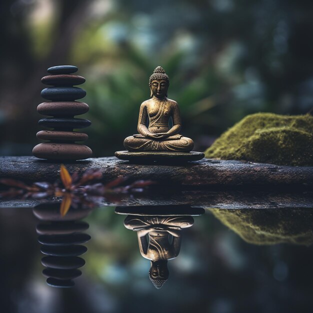 There is a statue of a buddha sitting on a rock next to a pile of rocks generative ai