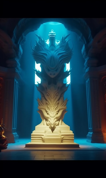 There is a statue of a dragon in a room with a blue light generative ai