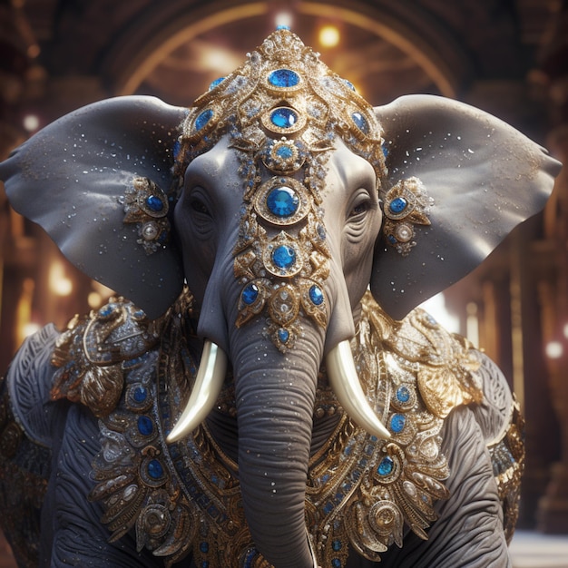 Photo there is a statue of an elephant with a gold headdress generative ai