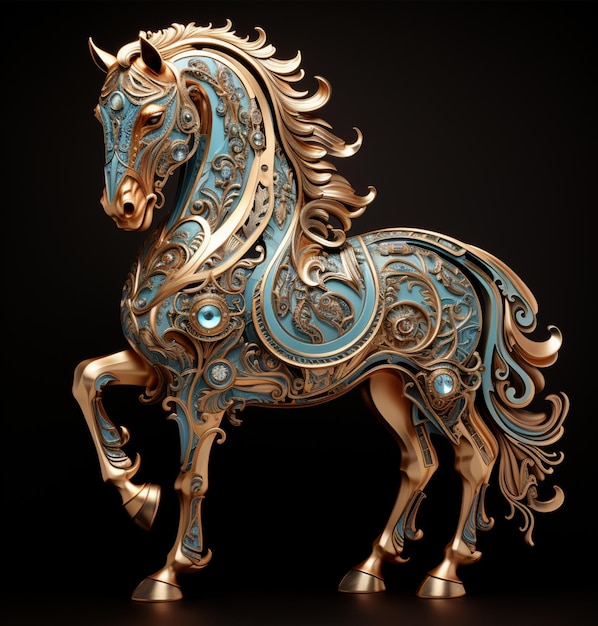 there is a statue of a horse with a blue and gold design generative ai