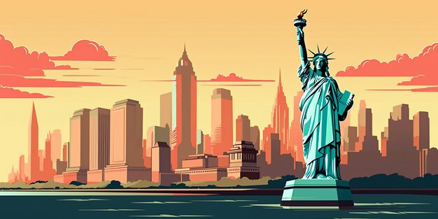 There is a statue of liberty in front of a city skyline generative ai