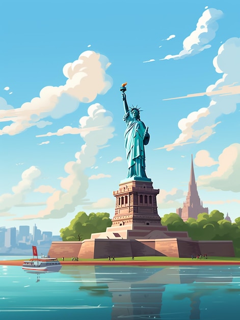 There is a statue of liberty on the water with a boat in the background generative ai