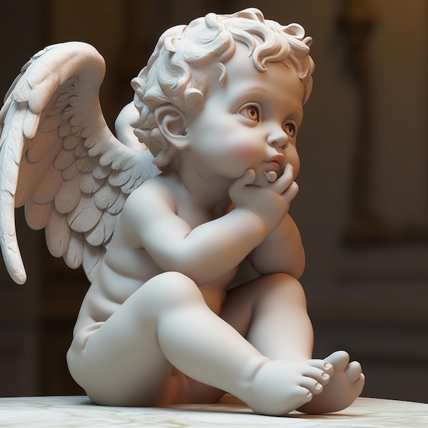 There is a statue of a little angel sitting on a table generative ai