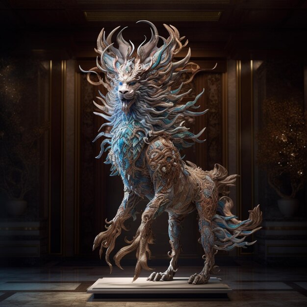 there is a statue of a mythical animal on a pedestal generative ai