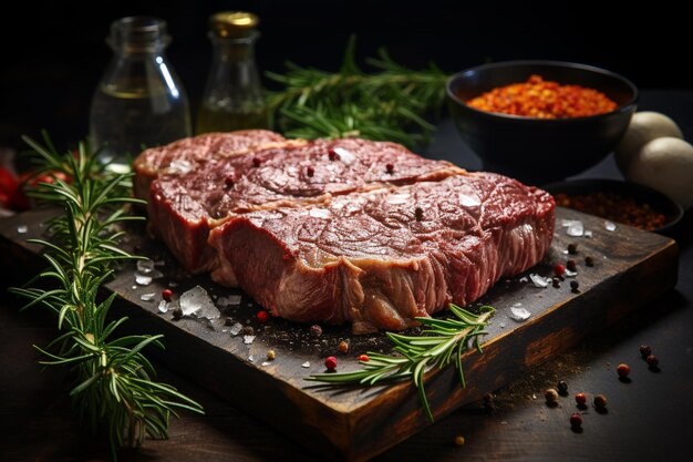 there is a steak on a cutting board with spices and pepper generative ai