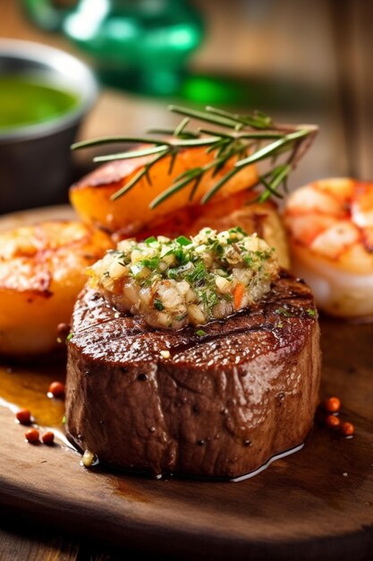 there is a steak with shrimp and vegetables on a wooden plate generative ai