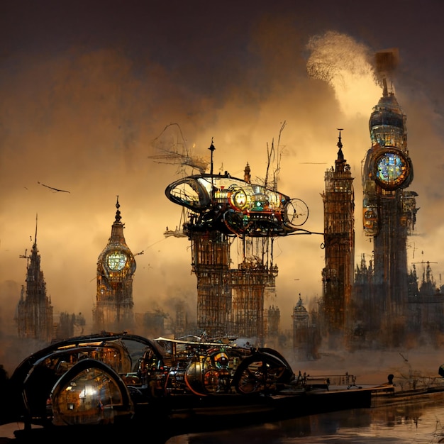 there is a steam powered boat in the water near a clock tower generative ai