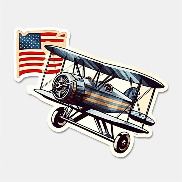 There is a sticker of a biplane with a flag on it generative ai