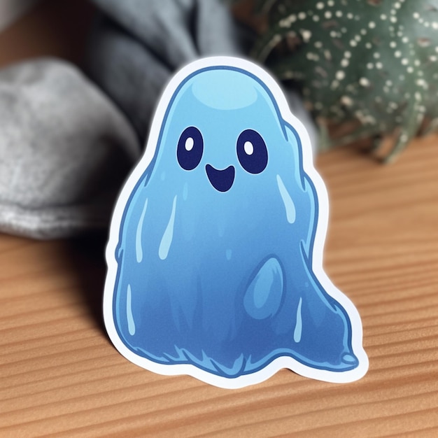 There is a sticker of a blue ghost sitting on a table generative ai