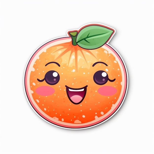 there is a sticker of a cartoon orange with a green leaf on it generative ai