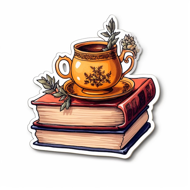 there is a sticker of a cup of coffee on top of a stack of books generative ai