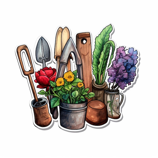 There is a sticker of a garden tool and flowers generative ai