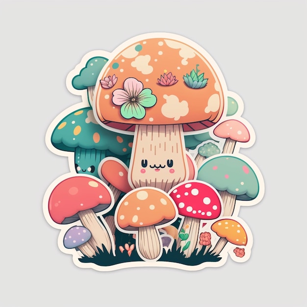 There is a sticker of a mushroom with a flower on it generative ai