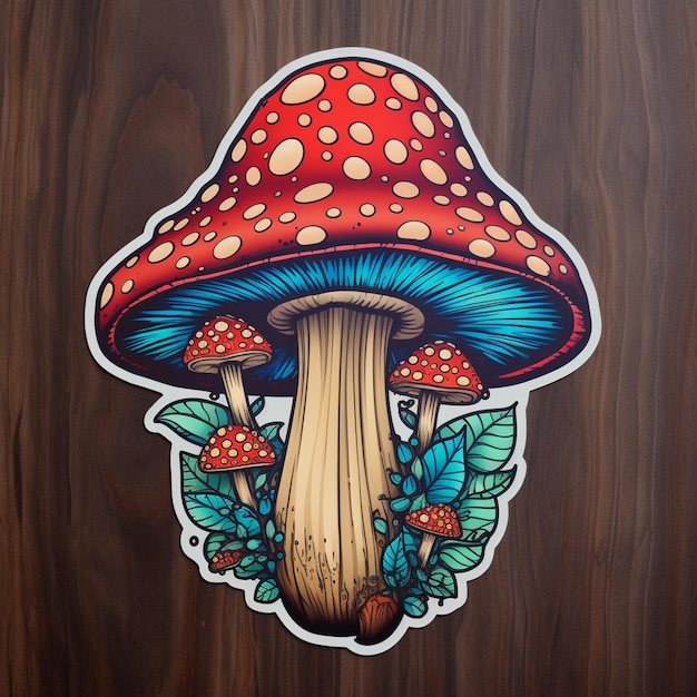 there is a sticker of a mushroom with leaves on it generative ai