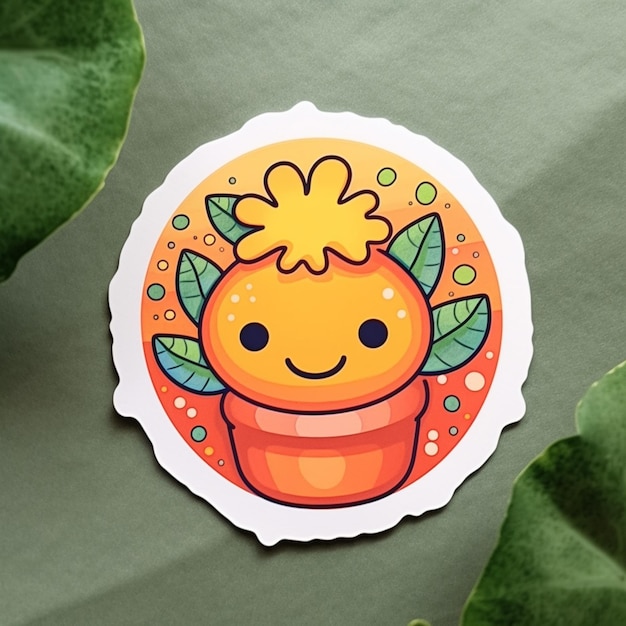 There is a sticker with a cartoon orange in a pot generative ai