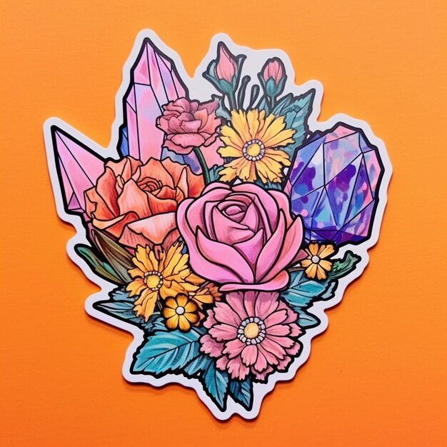There is a sticker with a rose and flowers on it generative ai
