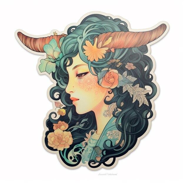 Photo there is a sticker of a woman with horns and flowers generative ai