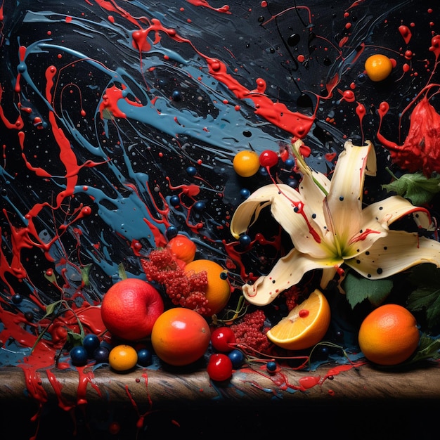 Foto c'è una natura morta di frutta e fiori su una tavola generativa ai