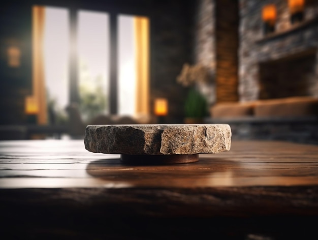 there is a stone bowl sitting on a wooden table in a room generative ai