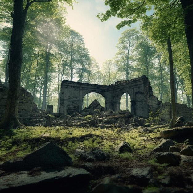 Foto c'è una struttura in pietra nel mezzo di una foresta generativa ai