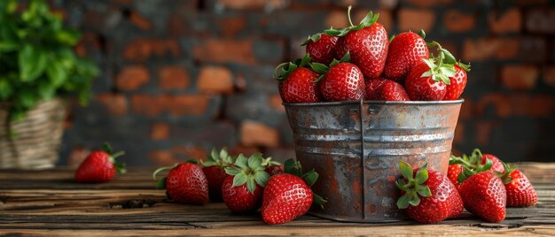 Photo there is a strawberry in a small bucket on the wooden board